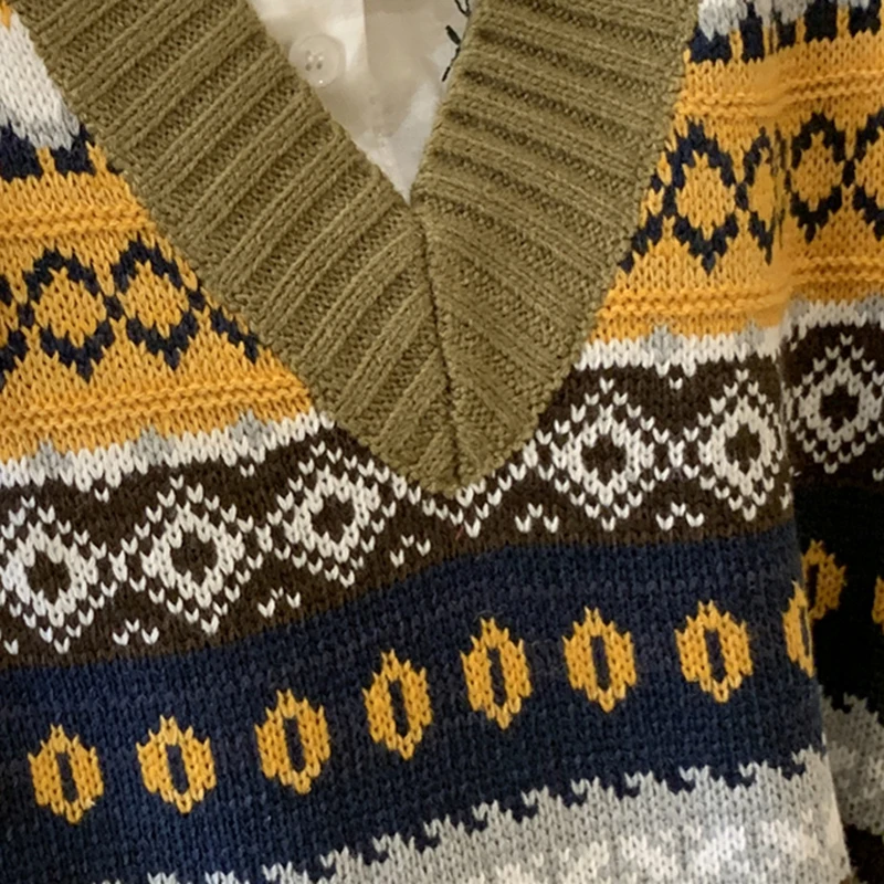 

Zoki Vintage Korean Women Vest Sweater Striped Matching Autumn Pullover V Neck Sleeveless Loose Knit Causal Female Jumper 2021