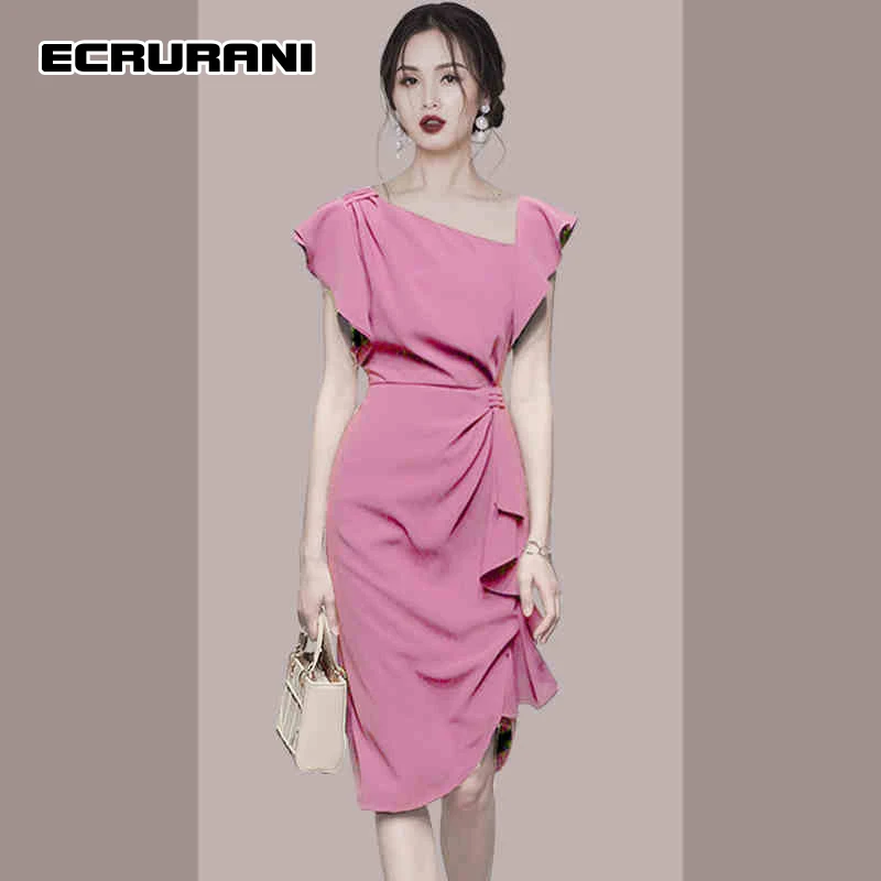 

ECRURANI Pink Casual Mini Dress For Females V Neck Sleeveless High Waist Slimming Solid Women's Crinkle Dress 2021 Autumn Style