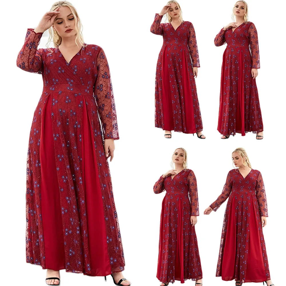 

Для женщин кружевное платье с цветочным рисунком длинное платье с треугольным вырезом и длинными рукавами и отверстиями на верхнем слое му...