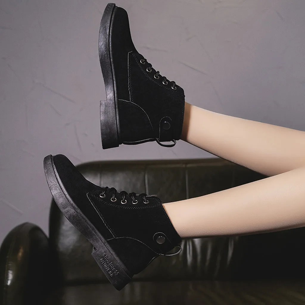 Women's Suede Martin Boots Ladies Fashion Round Toe Casual Lace Up Single Shoes woman student Lace-Up Flat Head Short Boot | Обувь