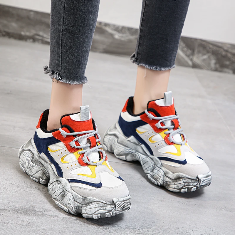 Кроссовки женские на толстой подошве плюшевые теплая Вулканизированная подошва