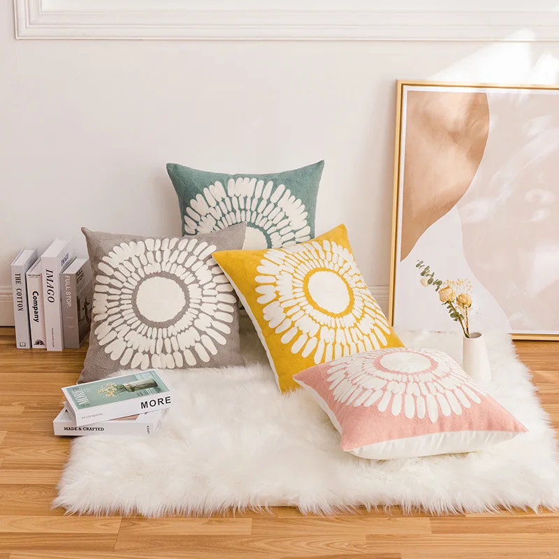 

Подушка с вышивкой хризантемой, розовая, желтая, синяя, серая, 45x45 см, шерстяная вязаная наволочка, Декоративные диванные подушки для дивана