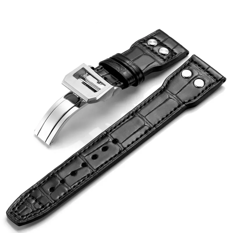 

FUYIJIA New 22MM PILOT'S WATCHES Strap Alligator Watchbands Men Women Watch Band Steel Folding Buckle Waterproof Crocodile Belt