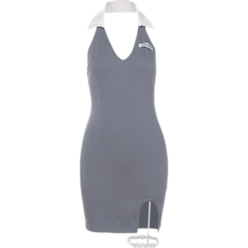 

XUXI Sexy Halter Halter Sling Skirt Women Slim High Waist Dress Fashion Sleeveless Split Hip Short Skirt Summer 2021 E2334