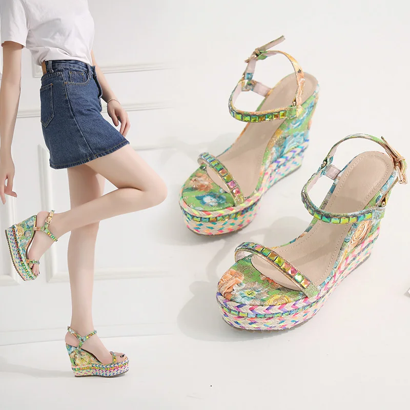 

Ladies Rainbow Wedges Woven Sandals Women's Summer Shoes Female Fashion Casual Ankle Strap Buckle Platform 2021 New Style Shoe