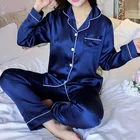 Шелковая пижама Женская однотонная Милая Пижама для женщин ночное белье пижама комплект из двух предметов атласная Шелковая пижама домашняя одежда