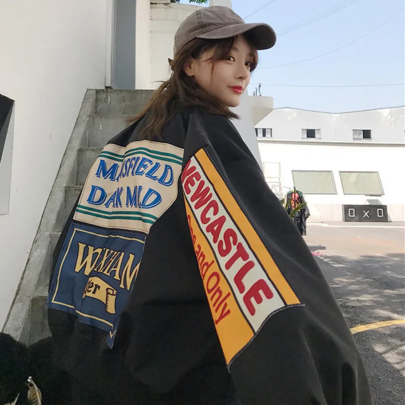 

Harajuku Spring Women Jacket Pocket Long Sleeve Letter Printed Tops Coat Casual Loose Zipper Oversized Women Jackets Streetwear