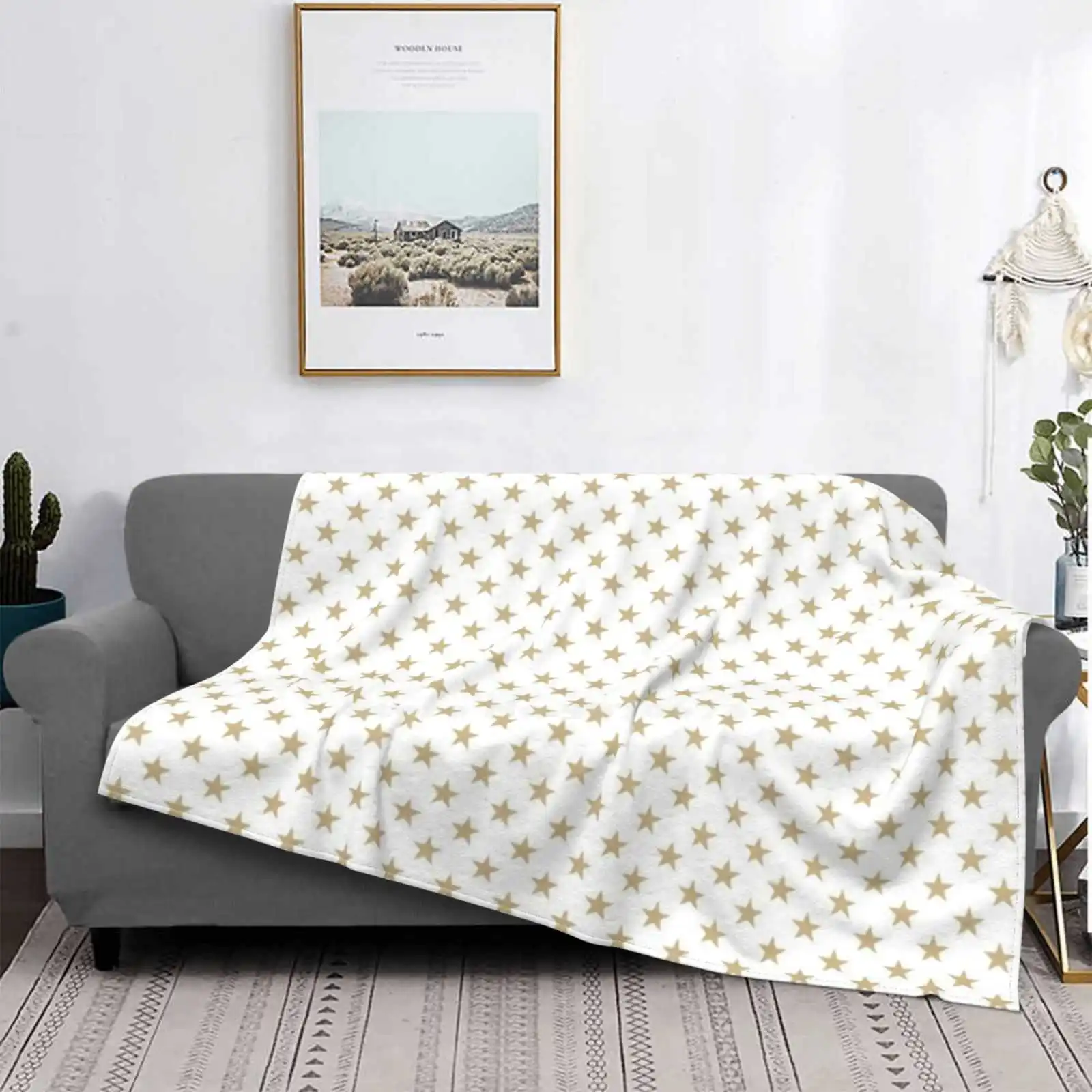 

Gold Christmas Stars On Snow White For Home Sofa Bed Camping Car Plane Travel Portable Blanket Gold Christmas Stars Snow White