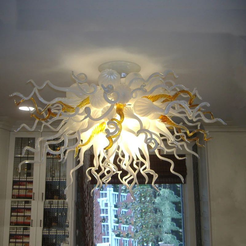 Modern LED Ceiling Lights Flush Mount Champagne White Color Hand Blown Glass Chandelier Indoor Art Decor 32 Inches Wide