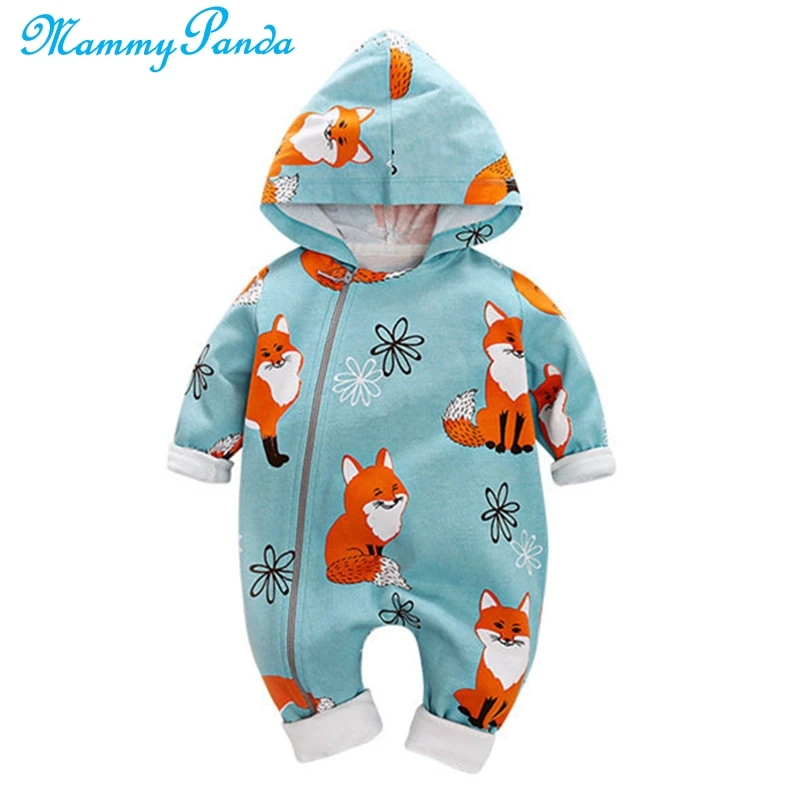 Детский комбинезон с длинными рукавами капюшоном и мультяшным лисьим животным