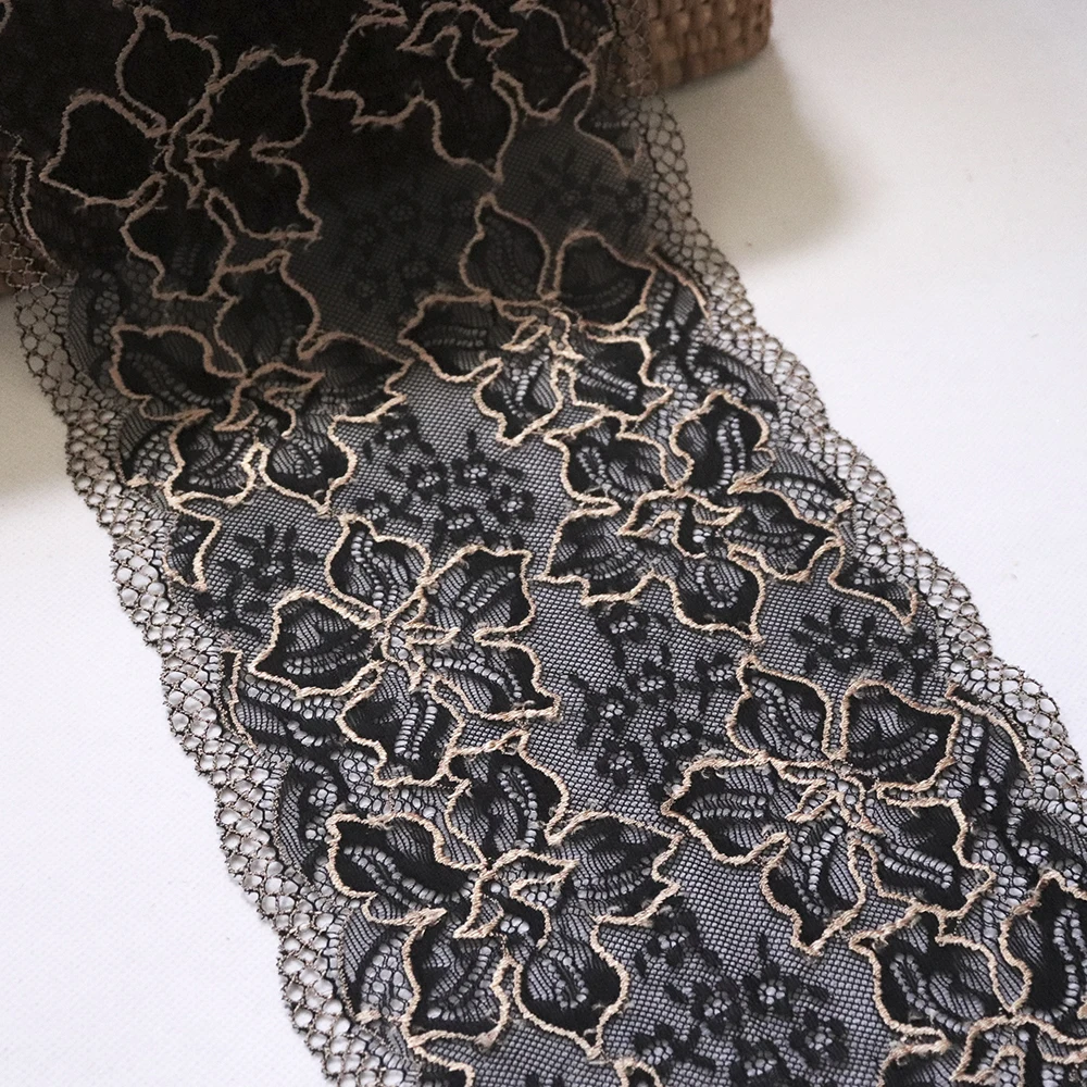 

2 yards 18cm Wide Elastic Stretch Lace Trim black gold floral Bra Clothes Accessories Dress Sewing Applique Lingerie Lace Fabric