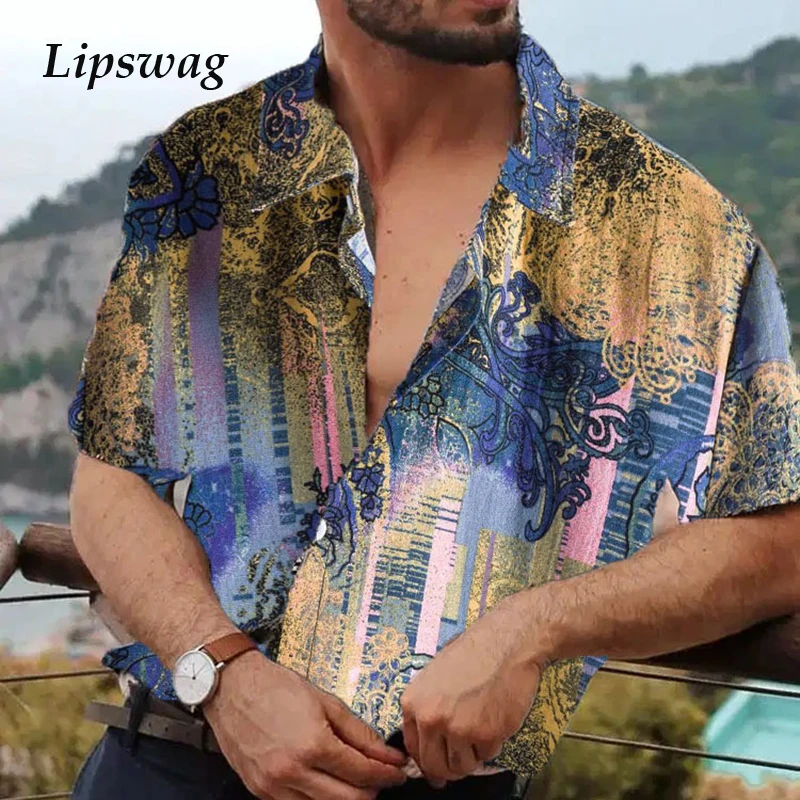 Мужская пляжная рубашка с коротким рукавом Повседневная Свободная винтажным