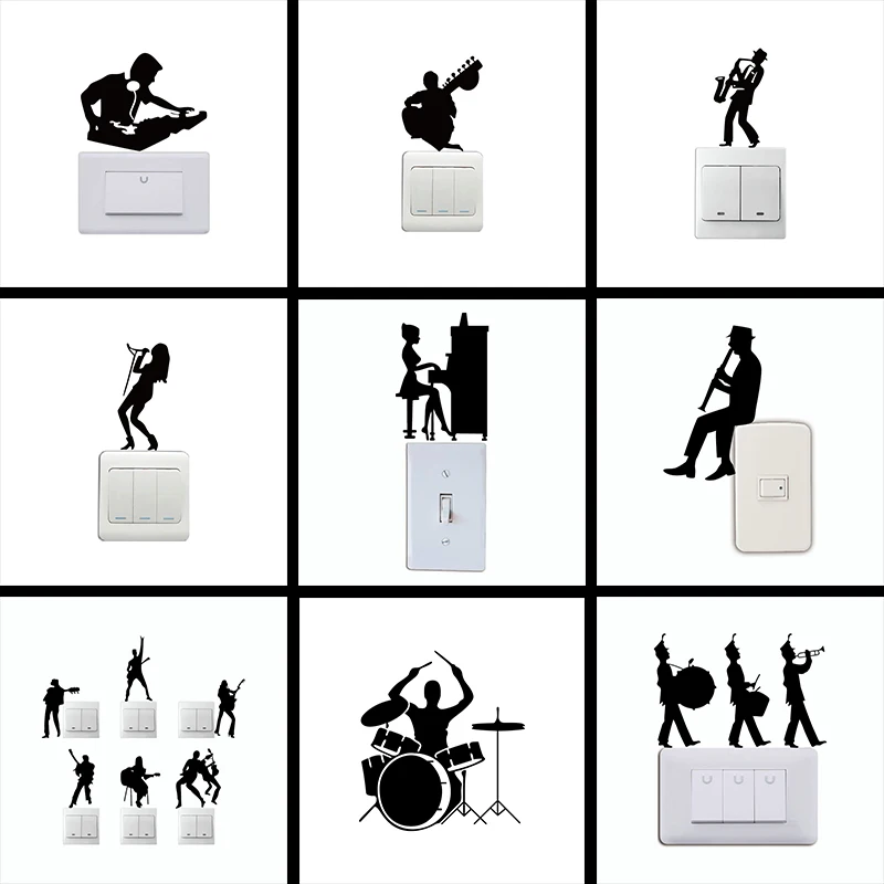 Наклейка на выключатель "Силуэт ковбоя, играющего на гитаре, в стиле мультфильма" - декор для дома, спальни и музыкальной комнаты.