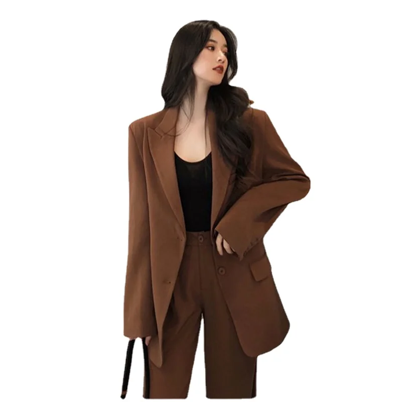 

Women Elegant Ladies Blazer BA Single-Breasted Suit Jacket & High Waist Loose Pants Casual Pants Suits Black Female 2 Piece Set
