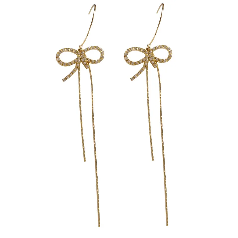 

Sweet Jewelry Dangle Earrings Lady Popular Design Golden Plating Clear Crystal Bowknot Thin Chain Drop Earrings For Women Gift