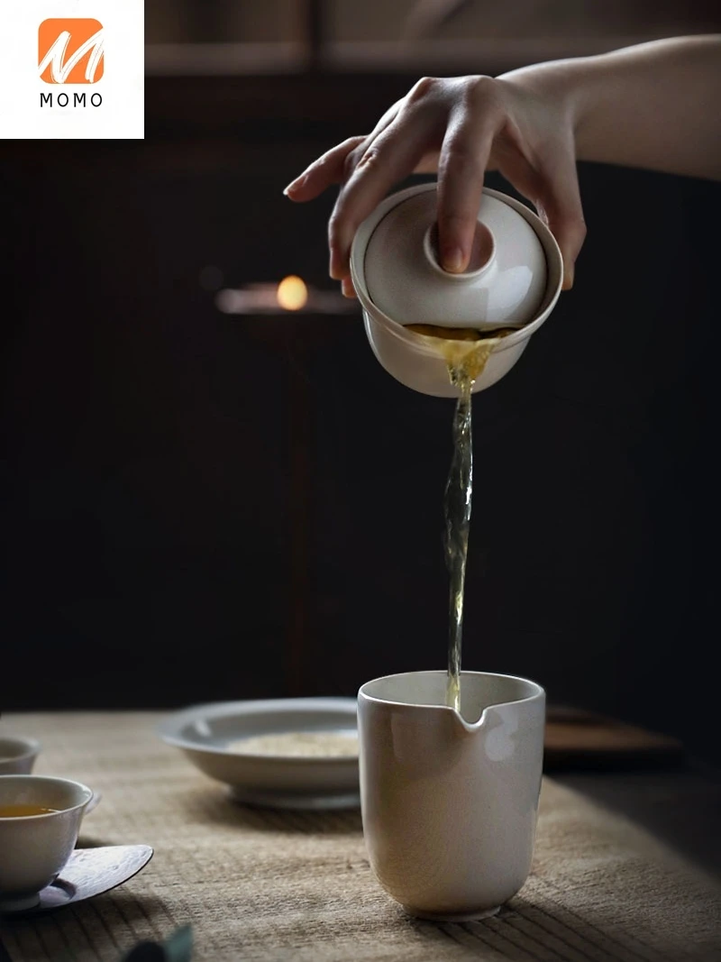 

Grass and Wood Gray Glaze Tureen Jingdezhen Zen Porcelain Kung Fu Tea Set Handmade Tea Brewing Bowl Household Single