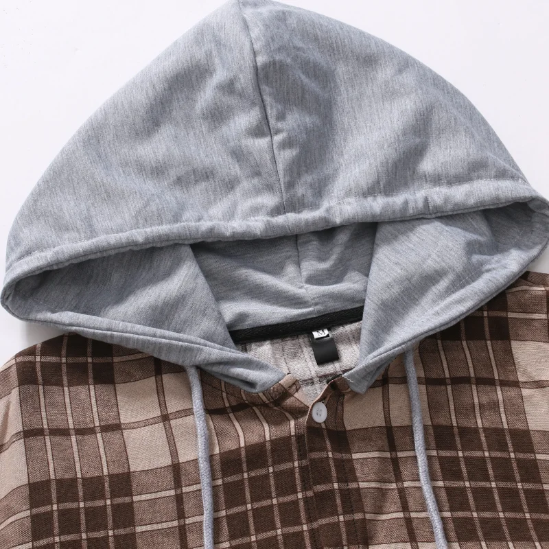 Hooded Long Sleeve Plaid Shirts Mens High Quality Casual Printed Shirts Hip Hop Streetwear Top Male Korean Loose Coat Cardigan