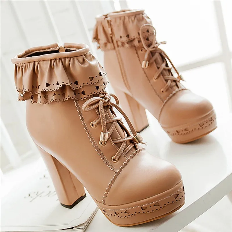 Botas Mujer/модные зимние ботильоны в стиле Лолиты на очень высоком каблуке с круглым носком и шнуровкой женские кожаные ботинки в стиле ретро;#5