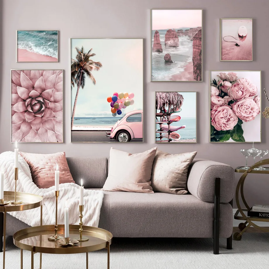 

Wall Art Canvas Painting Pink Beach Flower Surfboard Car For Living Room Decor Nordic Posters And Prints Landscape Wall Pictures