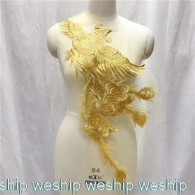 gold phoenix Высококачественная супер Великолепная кружевная вышивка цвета Феникс патчи Золотой/красный/синий пряжа Eugen аппликация для DIY свадебное платье - Цвет: gold phoenix
