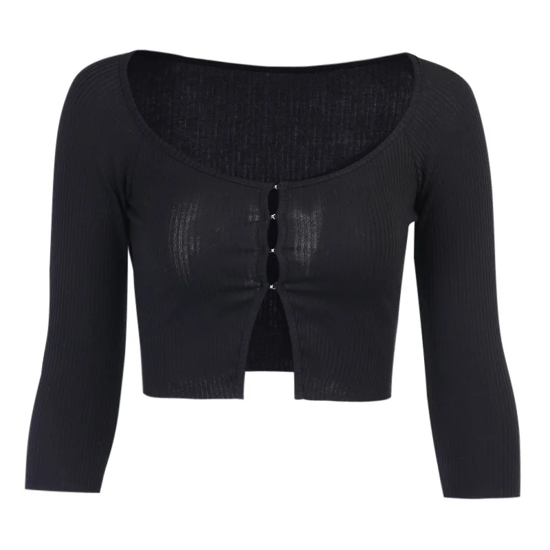 

Off Shoulder Top Women'S T-Shirts Half Sleeve Button Up Crop Top White Ribbed Knit Tee Casual Black Female Clothes 2021