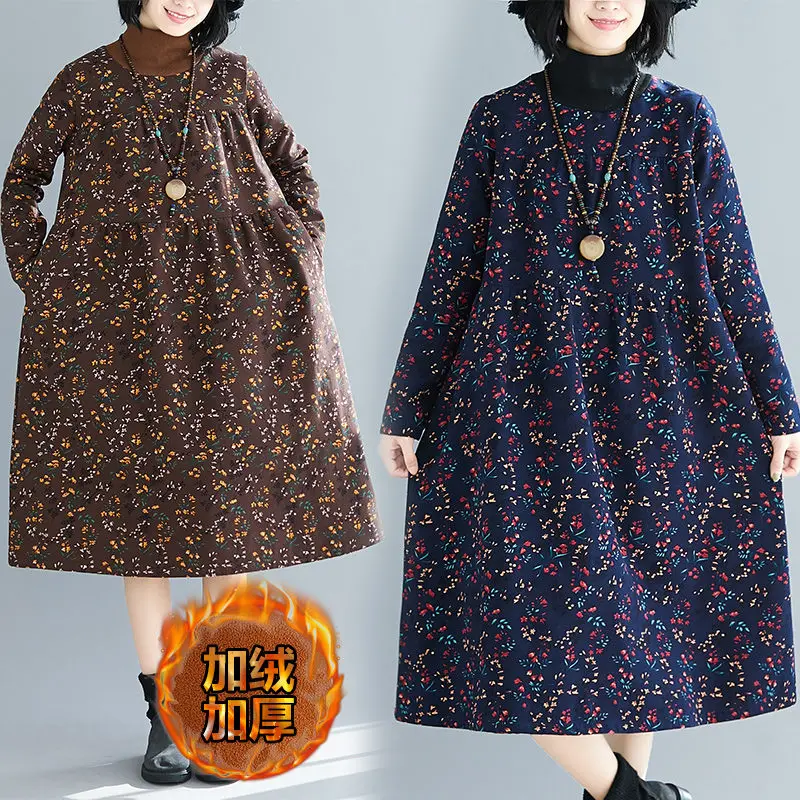 

Женское платье-водолазка из хлопка и льна, свободное бархатное платье большого размера в этническом ретро-стиле, базовая одежда для зимы, ...