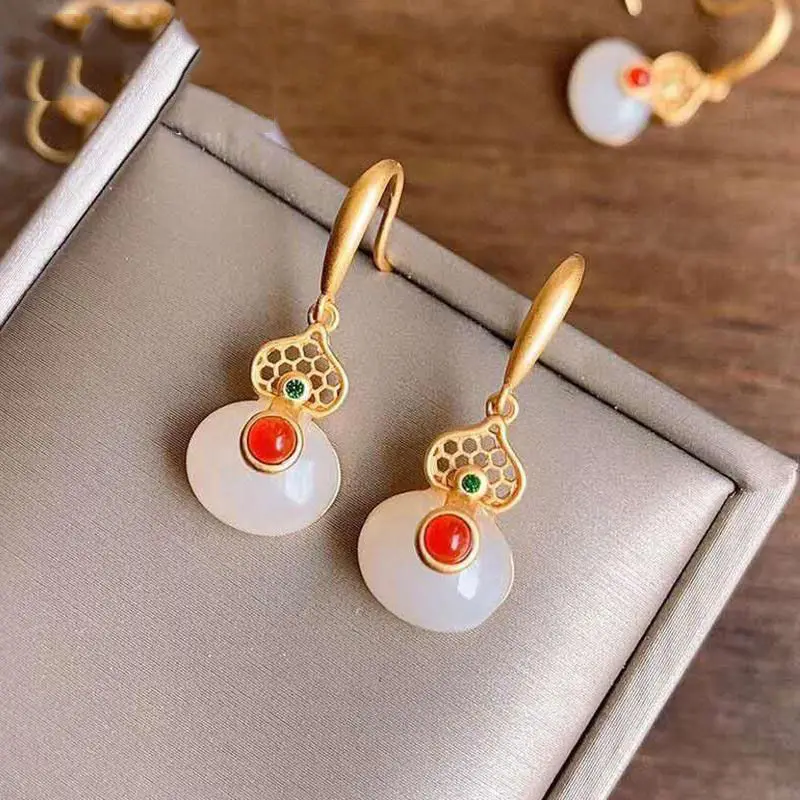 

Natural Hetian Jade Gourd Earrings Women's Sterling Silver Anti-Allergy Short Vintage Style Earrings Earrings Chinese Style Ethn