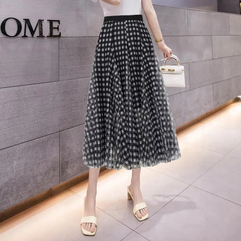 Длинные пляжные юбки новинка 2021 Женская клетчатая юбка из тюля с принтом