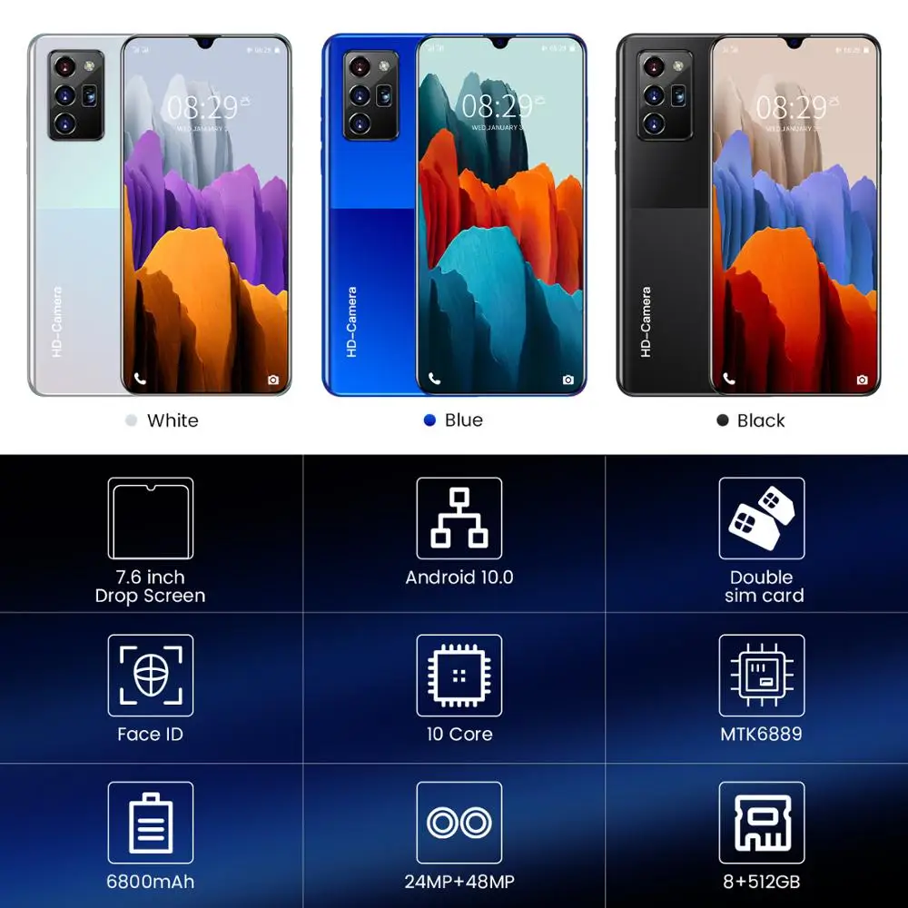 

New Arrival Note20pro 6000mAh 5G Network Smartphones Andriod10.0 MTK6899 ROM 128/256GB Drop Screen Face ID Mobile Phone 24+48MP