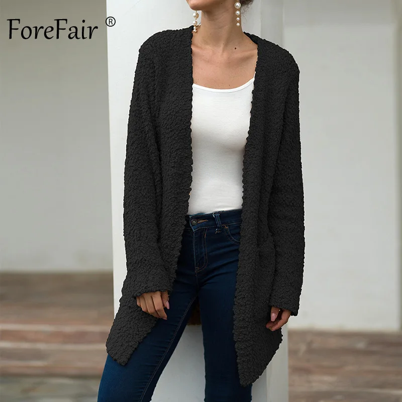 Forefair попкорн Повседневный длинный кардиган женское осеннее пальто Модный женский тонкий черный хаки белый однотонный вязаный кардиган