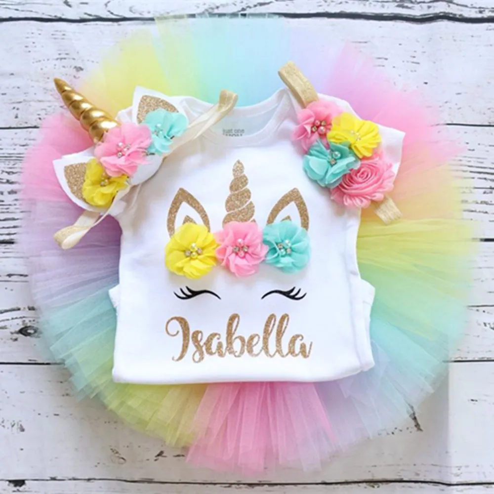 

Personalised unicorn baby girl first birthday outfit Customize name age any Character Baptism Baby Shower tutu set cake smash