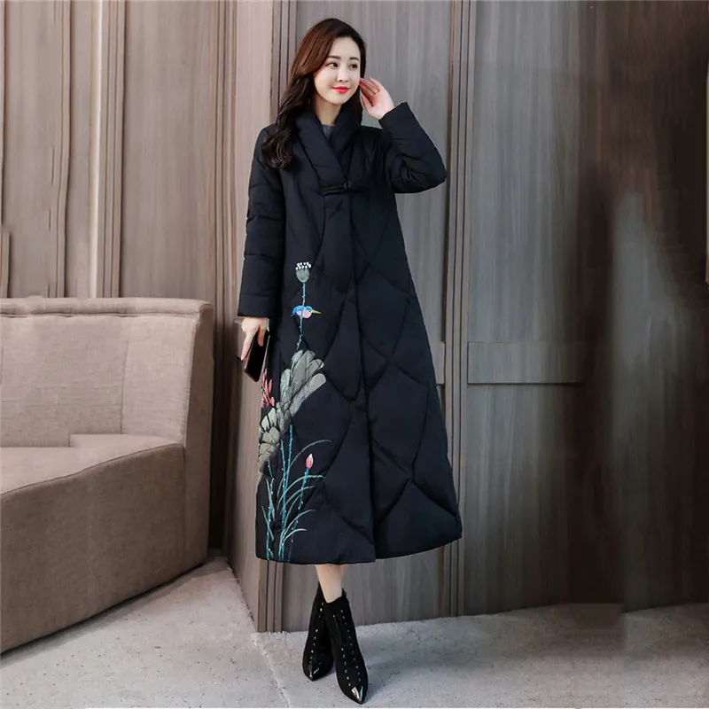 

Женская винтажная парка с воротником-стойкой, длинная хлопковая теплая куртка с принтом, с пряжкой, N1114, зима 2020