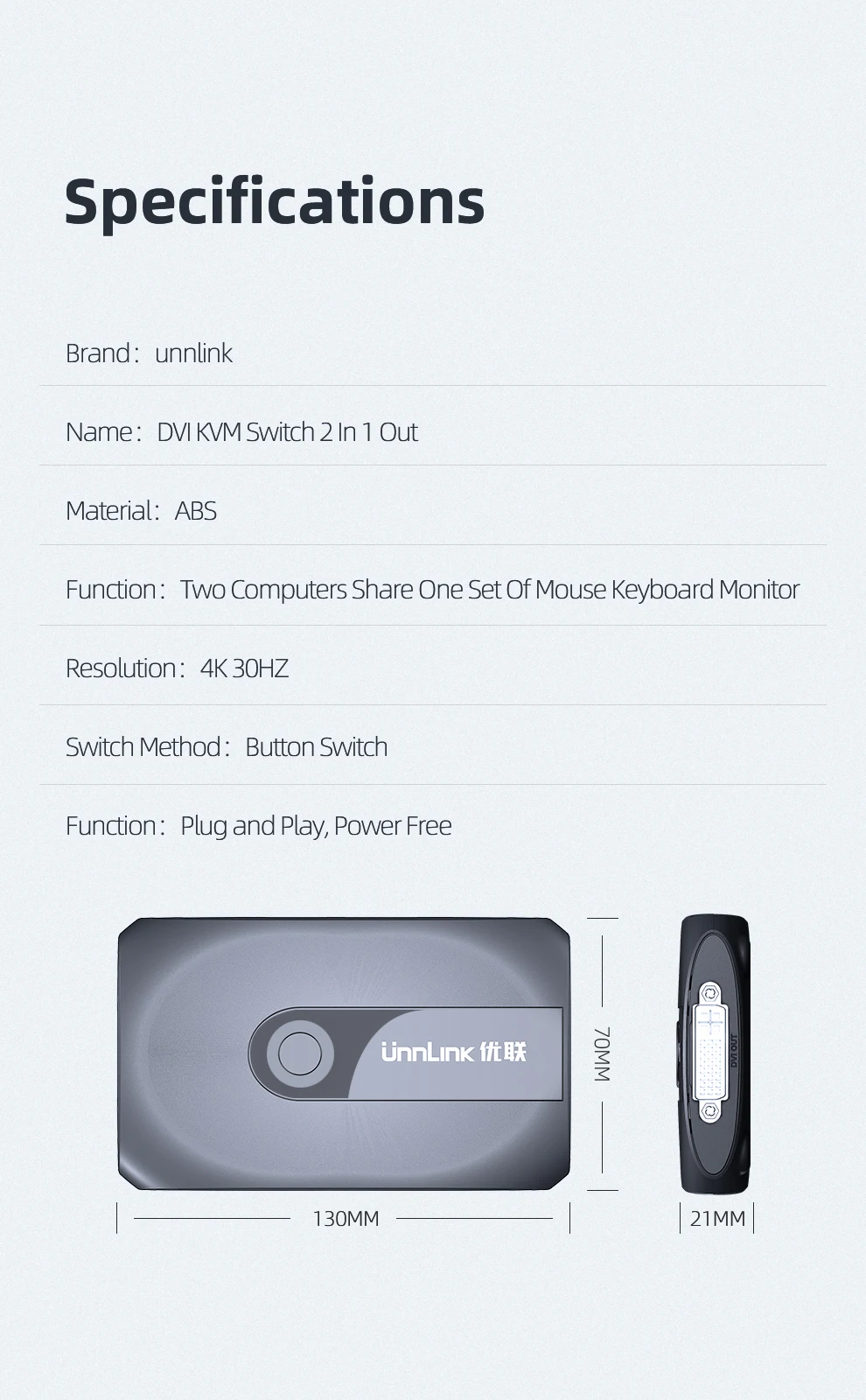Unnlink 2X1 DVI KVM переключатель коробка селектор переключатель DVI 2 в 1 выход Обмен USB 2,0 монитор мышь Клавиатура для 2 компьютера Ноутбуки ПК