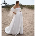 Пляжное атласное платье А-силуэта с разрезом сбоку, открытыми плечами, пышными рукавами, без бретелек, свадебное платье, свадебное платье со шлейфом, индивидуальный пошив 2022