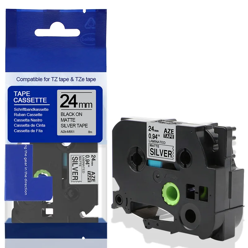 Fimax 1 пакет TZe651 TZe-251 TZE-451 24 мм совместимый принтер наклеек Brother P-touch этикетировщик TZe-651 черный на желтом цвете TZe-151 TZe-251 tze-551 - Цвет: Black on Matt Silver