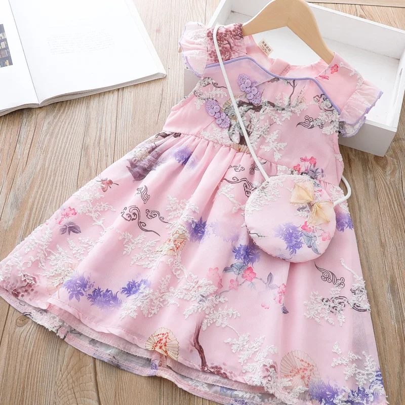 Short Sleeve Cotton Boutique Princess Cute Dress Chinese Cheongsam Princess Dress Baby Summer Girls Dress For kids Clothes + Bag