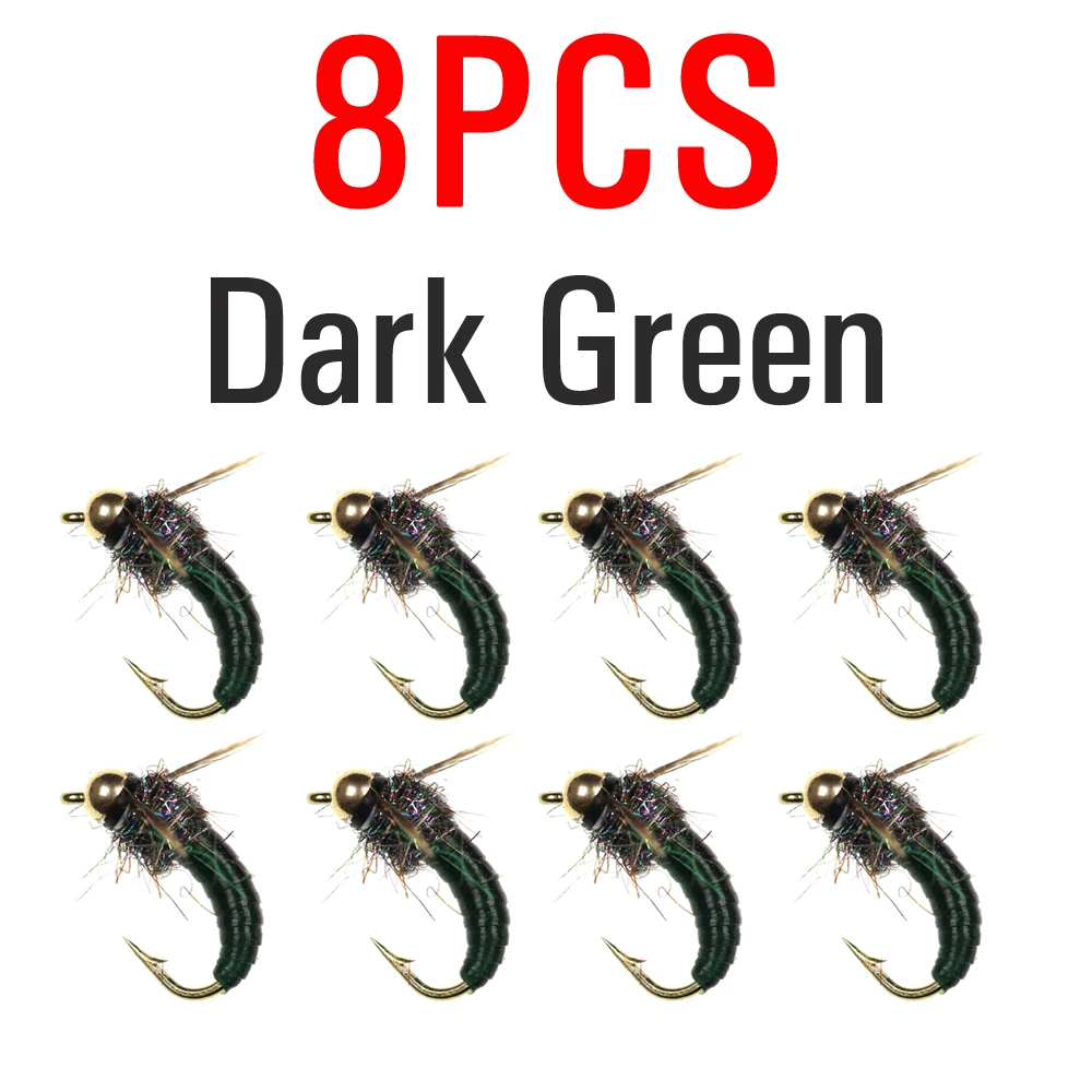8pcs Dark Green ICERIO 8 шт.#12 латунная бусина голова быстро Тонущая Nymph Scud Жук червь мухи форель нахлыстом приманка для рыбалки - Цвет: 8pcs Dark Green