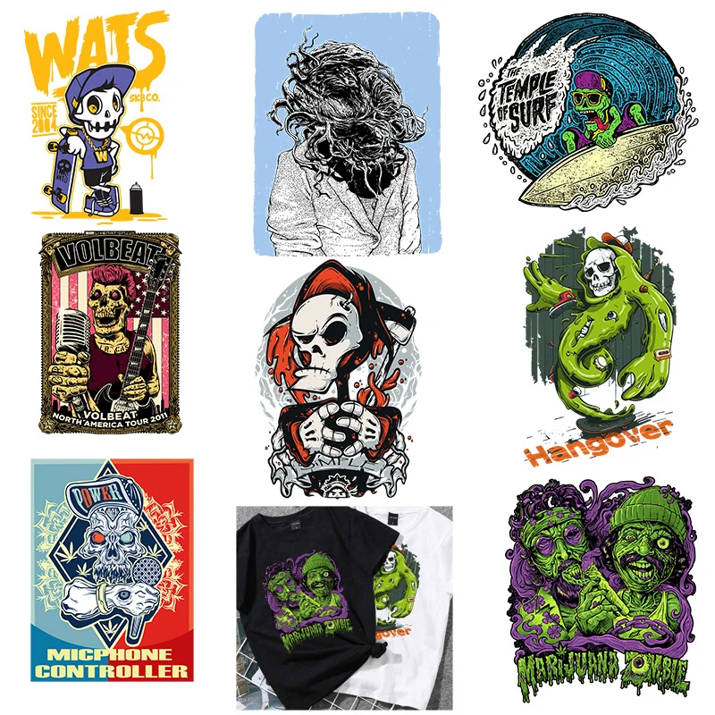 

Punk Skull Graffiti Heat Transfer Stickers Iron-on Transfers For Clothing Anime Stripes Heat-sensitive Patches Appliques
