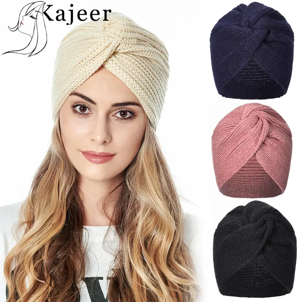 

Skullies Knitted Turban Hat Knot Bandanas Brimless Autumn Winter Warm Cap Solid Cross Fashion Women Hair Scarfs Muslim Hat