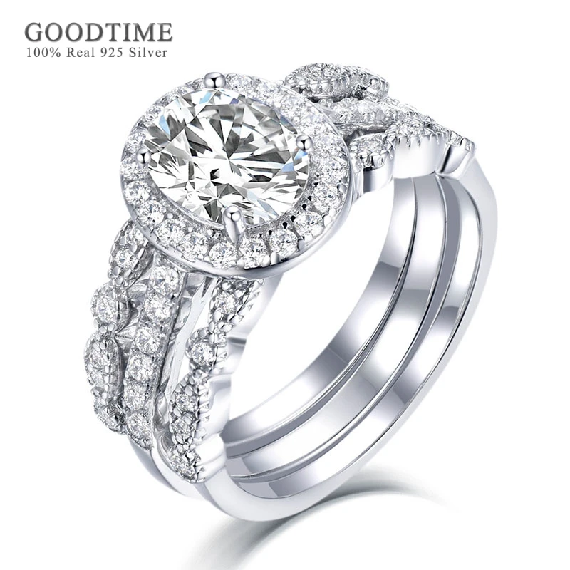 

Luxury Three-piece Ring Set For Women Pure 100% 925 Sterling Silver Zirconia Rhinestone Glitter Wedding Rings Jewelry