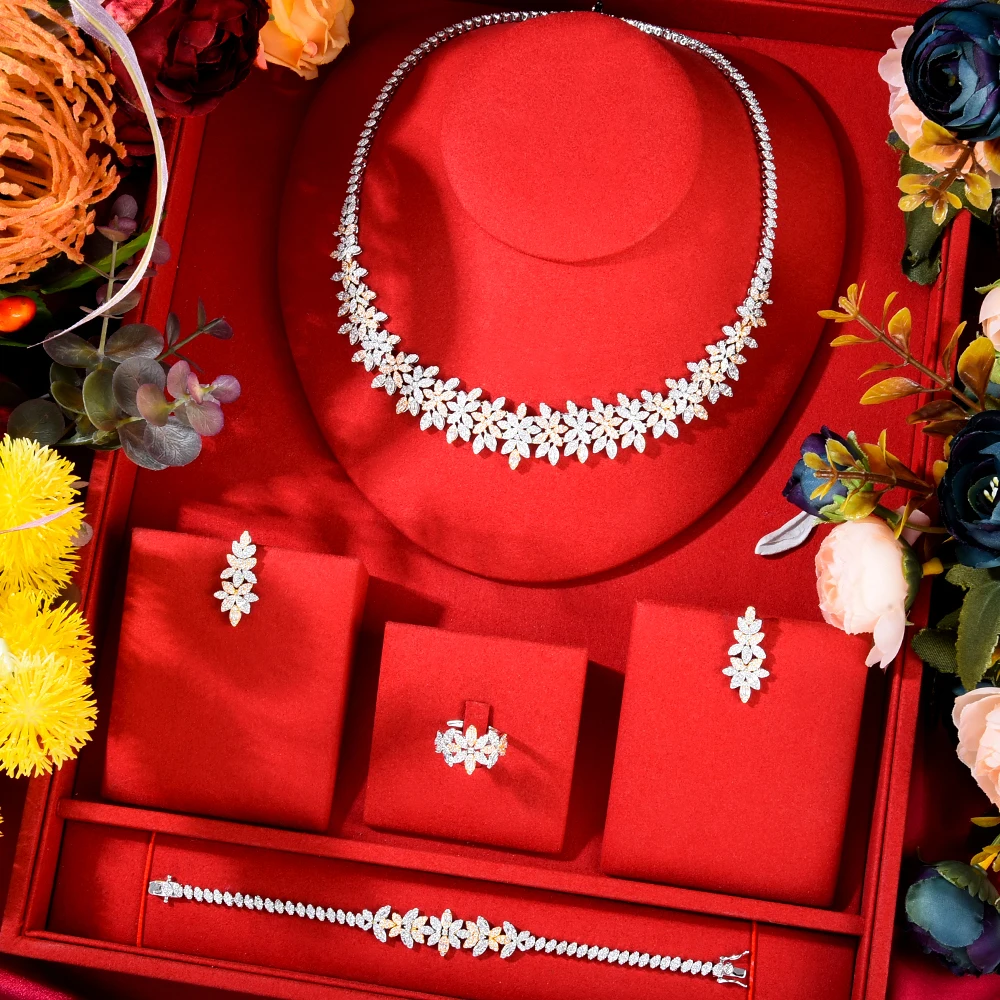 

Blachette New Trendy Luxury Geometric Zirconia Necklace Bracelet Ring Earrings for Women Party Wedding Dubai Fashion Jewelry Set