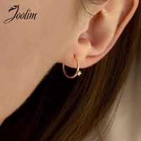 joolim high quality pvd gold finish stainless steel dainty zirconia hoop earring tarnish free gold jewelry