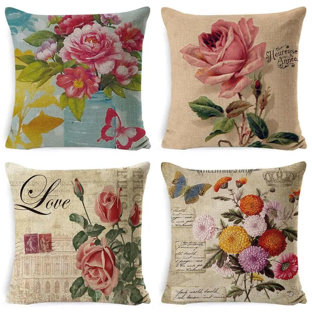 

Rose Flowers Prints Cushion Cover 45*45cm Cushion Case Linen Throw Pillow Car Home Decoration Decorative Pillowcase