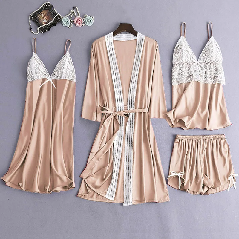 

Delicate 4PC Women Sexy Satin Lace Camisole Bowknot Shorts Nightdress Robe Pajamas Lingerie Home Set