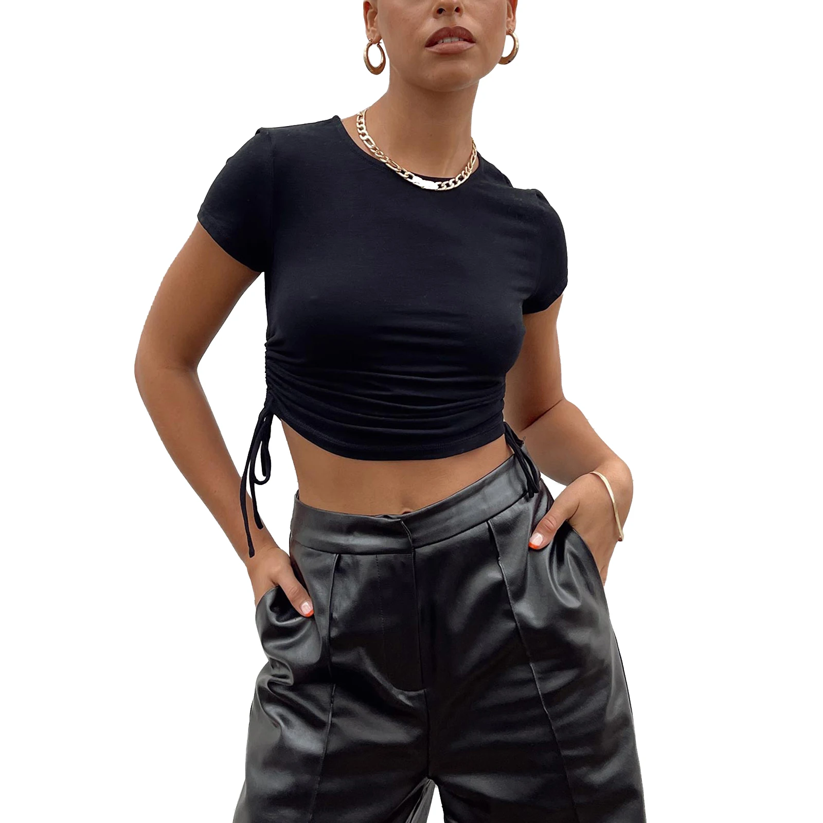 

Casual Solid O-Neck Women's Slim Basic Ruched Crop Tops Sexy Short Sleeve Side Drawstring Ruched T-Shirts For Ladies Daily Wear