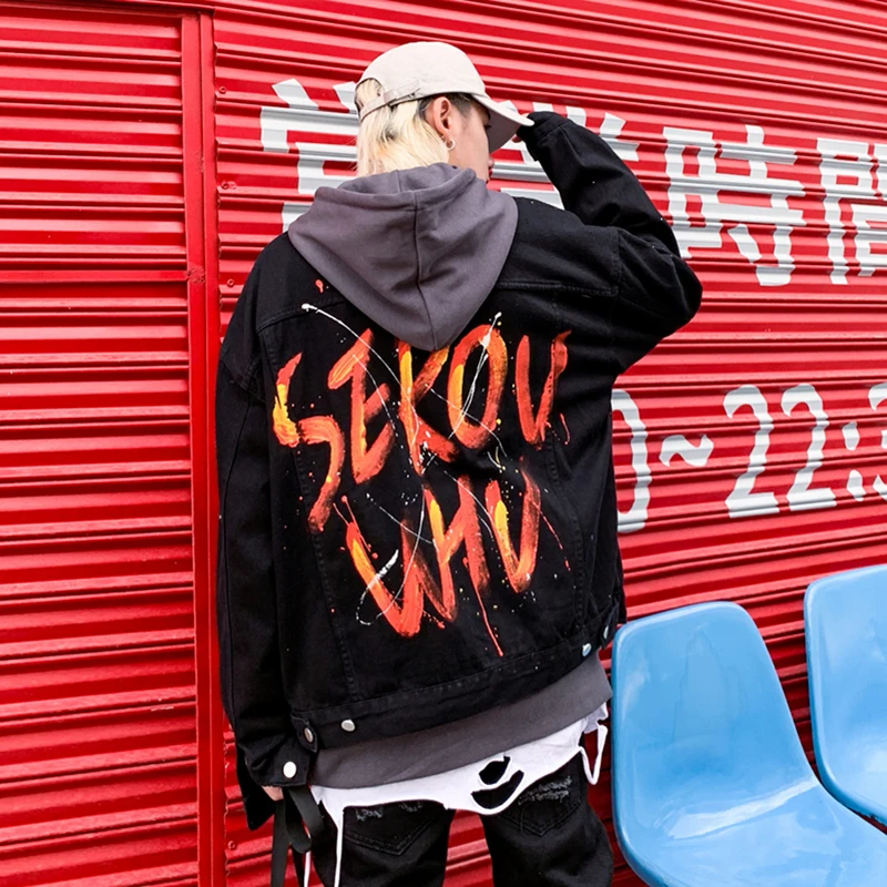 

Original Butterfly Letter Print Retro Denim Coat Mens Streetwear Oversize Windbreaker Jeans Jacekt Hip Hop Loose Casual Coats