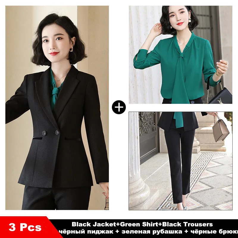 black 3 pcs Женский брючный костюм осень-зима модный костюм с длинными рукавами Темперамент Формальные женские рабочие брюки 9332 - Цвет: black 3 pcs