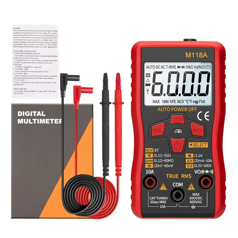 

M118A Digital Multimeter 6000 Counts Auto Ranging True RMS Tester AC DC Transistor with NCV Data Hold Flashlight