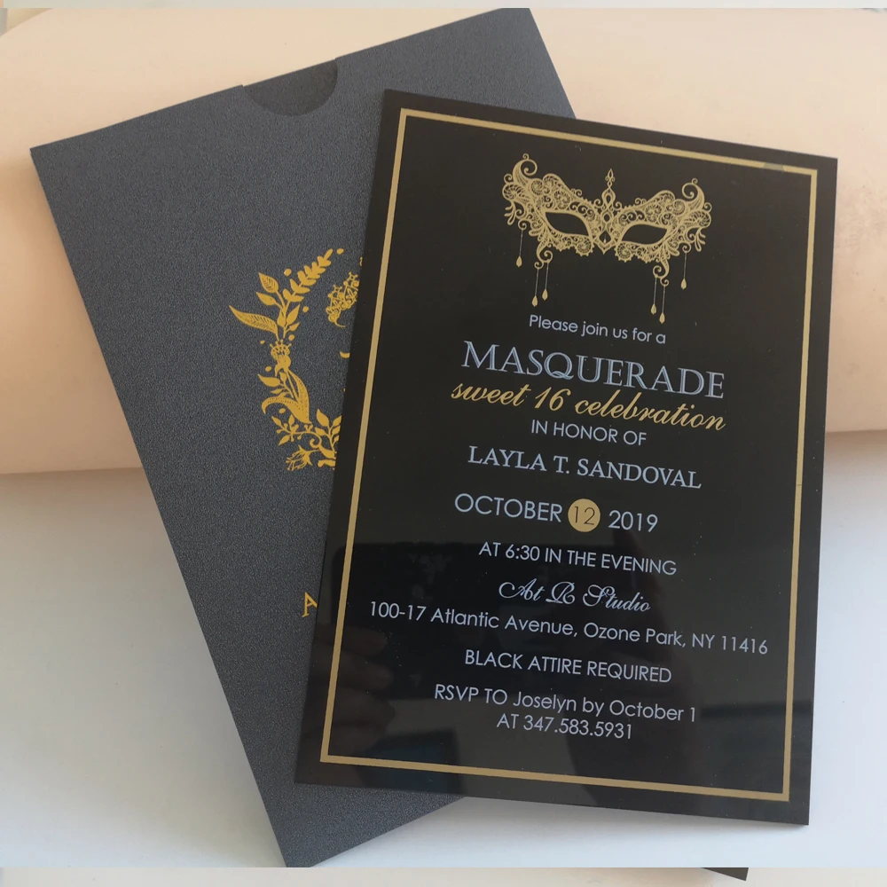 10pc/lot High quality UV Printing Eco-Friendly inks Screen Gold Foil Mask Black Acrylic Card Wedding Invitation | Дом и сад
