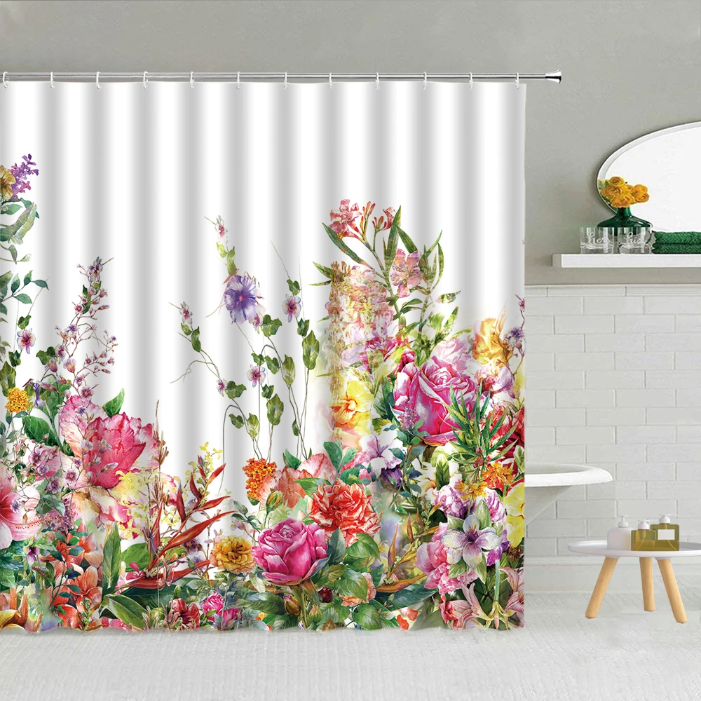 

Spring Colored Flower Birds Shower Curtain Plant Green Leaves Butterfly Bathroom Decor Waterproof Fabric Hooks Bath Curtains Set
